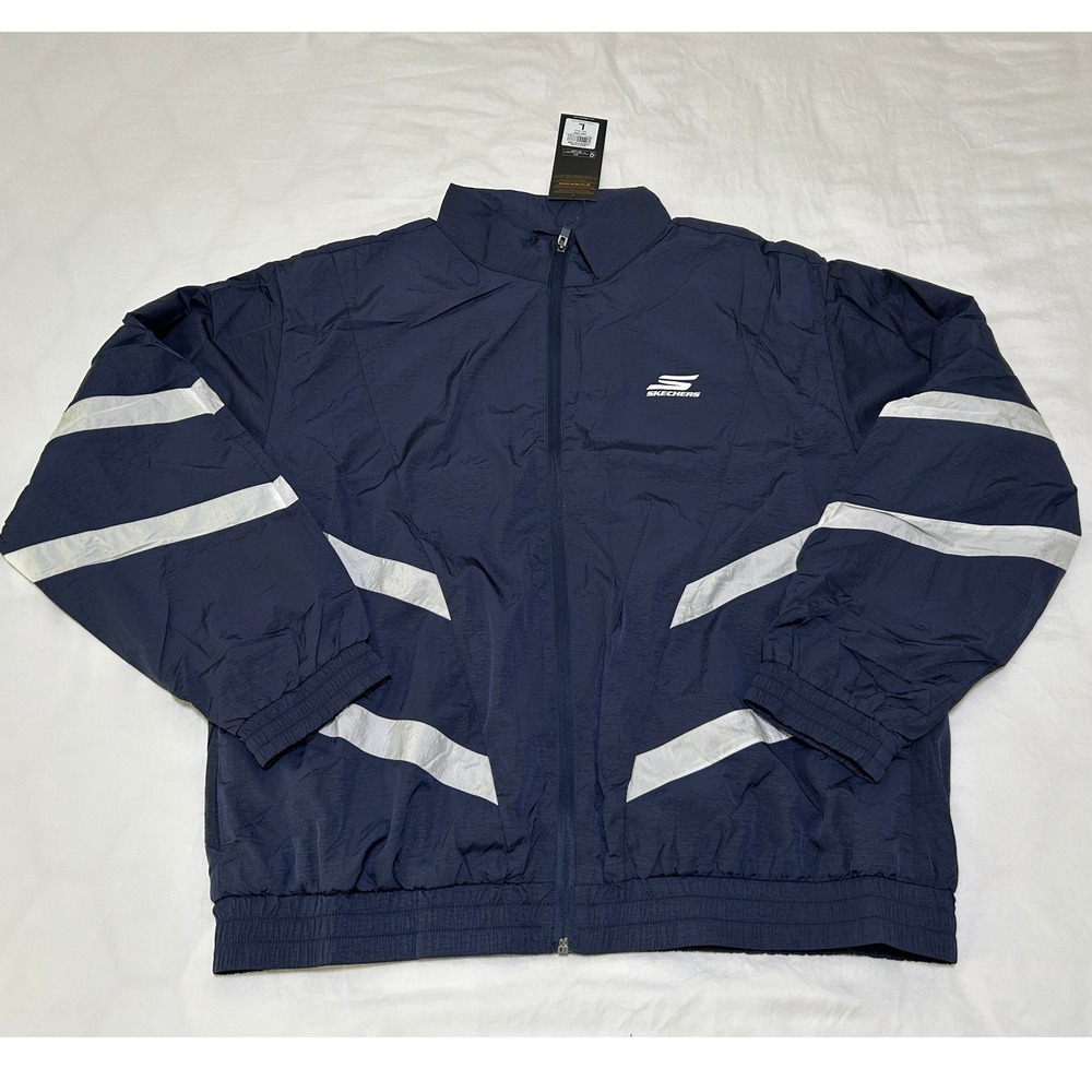 Skechers Performance Mens Navy Blue White Stripe Track Jacket L Mock Neck NWT
